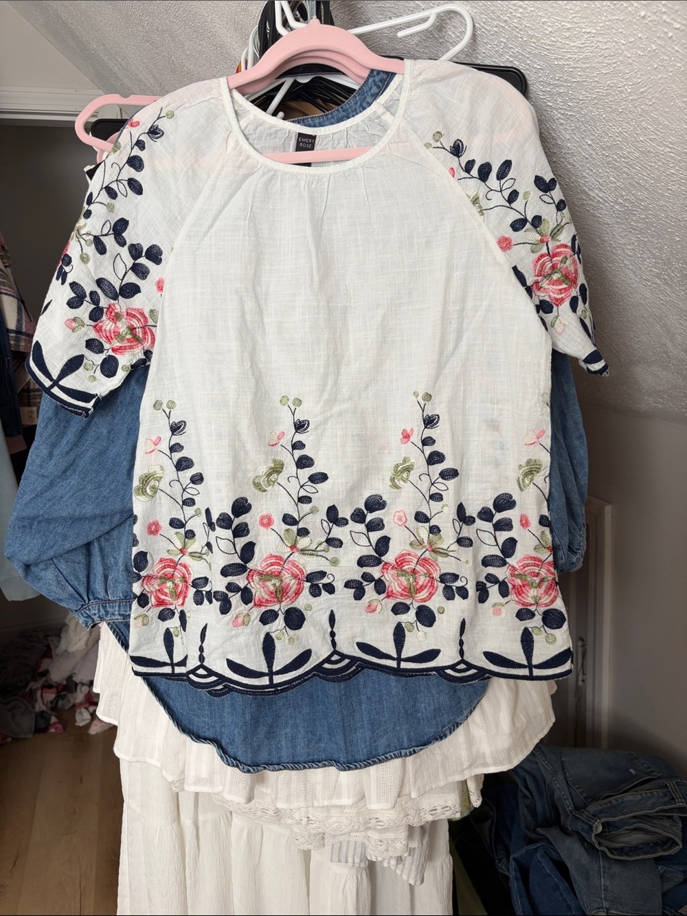 Embroidered White Tunic with Navy and Pink Floral Accents